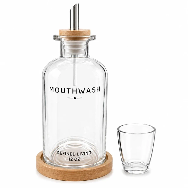 Main image of Mouthwash Dispenser for Bathroom, 12 OZ Refillable Glass Mouthwash Bottle with Cup and Bamboo Tray, Decorative Mouth Wash Dispenser Set for Bathroom