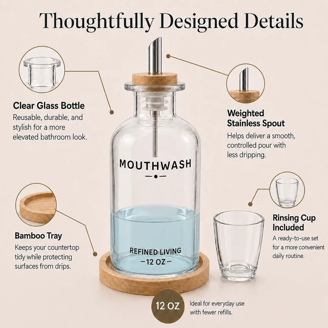 Alt view image 2 of 4 - Mouthwash Dispenser for Bathroom, 12 OZ Refillable Glass Mouthwash Bottle with Cup and Bamboo Tray, Decorative Mouth Wash Dispenser Set for Bathroom
