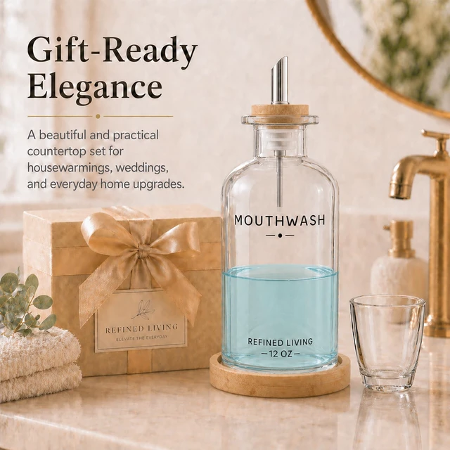 Alt view image 4 of 4 - Mouthwash Dispenser for Bathroom, 12 OZ Refillable Glass Mouthwash Bottle with Cup and Bamboo Tray, Decorative Mouth Wash Dispenser Set for Bathroom