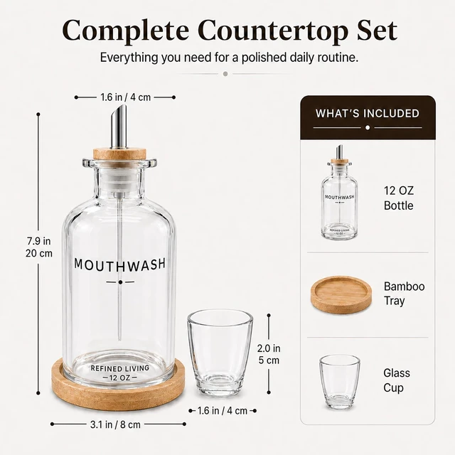 Alt view image 3 of 4 - Mouthwash Dispenser for Bathroom, 12 OZ Refillable Glass Mouthwash Bottle with Cup and Bamboo Tray, Decorative Mouth Wash Dispenser Set for Bathroom