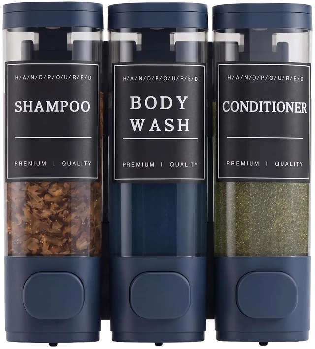Main image of Shampoo and Conditioner Dispenser,Shower Soap Dispenser 3 Chamber No Drill Wall-Mounted for Bathroom & Hotel Leak-Proof Pumps, for Thick Liquids Like Conditioner - 1050ML High Capacity, Dark Blue