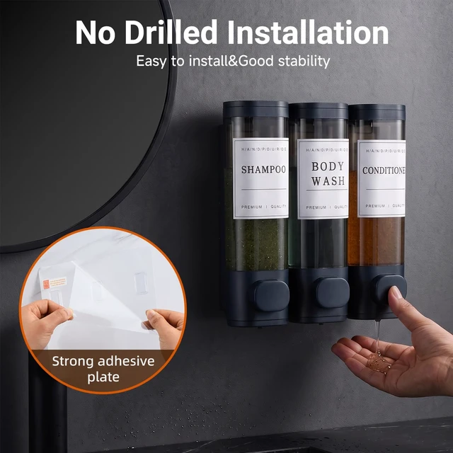 Alt view image 3 of 7 - Shampoo and Conditioner Dispenser,Shower Soap Dispenser 3 Chamber No Drill Wall-Mounted for Bathroom & Hotel Leak-Proof Pumps, for Thick Liquids Like Conditioner - 1050ML High Capacity, Dark Blue