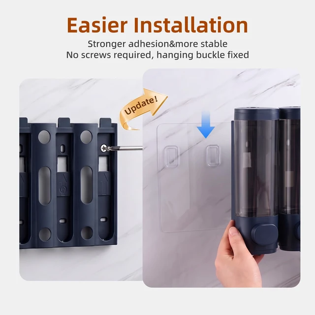 Alt view image 5 of 7 - Shampoo and Conditioner Dispenser,Shower Soap Dispenser 3 Chamber No Drill Wall-Mounted for Bathroom & Hotel Leak-Proof Pumps, for Thick Liquids Like Conditioner - 1050ML High Capacity, Dark Blue
