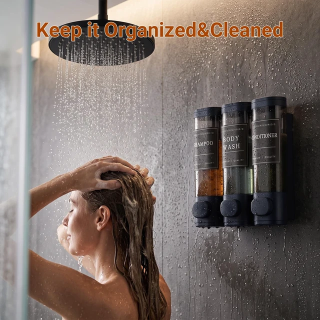 Alt view image 6 of 7 - Shampoo and Conditioner Dispenser,Shower Soap Dispenser 3 Chamber No Drill Wall-Mounted for Bathroom & Hotel Leak-Proof Pumps, for Thick Liquids Like Conditioner - 1050ML High Capacity, Dark Blue