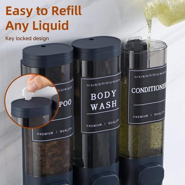 Alt view image 7 of 7 - Shampoo and Conditioner Dispenser,Shower Soap Dispenser 3 Chamber No Drill Wall-Mounted for Bathroom & Hotel Leak-Proof Pumps, for Thick Liquids Like Conditioner - 1050ML High Capacity, Dark Blue