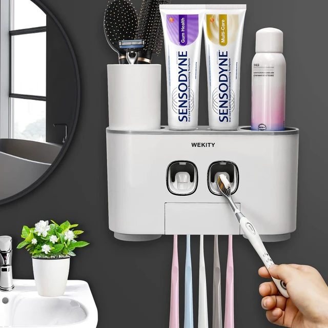 Main image of Toothbrush Holder WREWING Multi-Function Wall-Mounted Toothpaste Dispenser | Dust-proof Toothbrush Holder with 5 Brush Slots 4 Cups 2 Automatic Toothpaste Dispensers 1 Storage Slot (Grey)