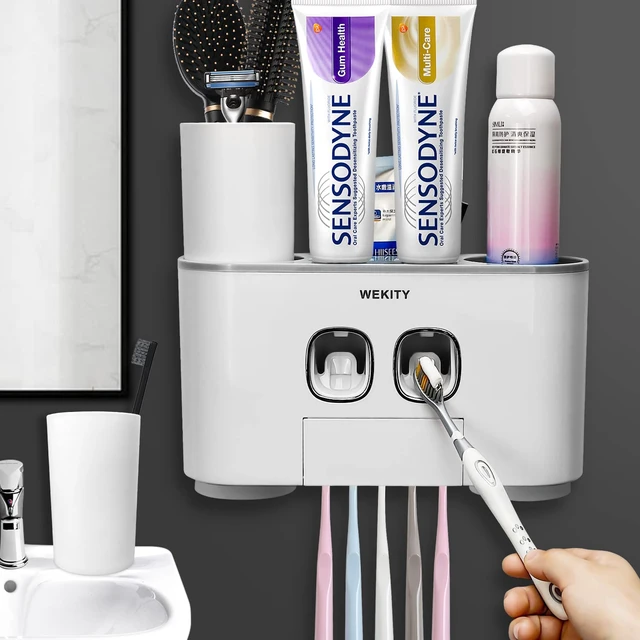 Alt view image 5 of 7 - Toothbrush Holder WREWING Multi-Function Wall-Mounted Toothpaste Dispenser | Dust-proof Toothbrush Holder with 5 Brush Slots 4 Cups 2 Automatic Toothpaste Dispensers 1 Storage Slot (Grey)