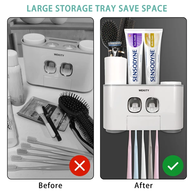 Alt view image 4 of 7 - Toothbrush Holder WREWING Multi-Function Wall-Mounted Toothpaste Dispenser | Dust-proof Toothbrush Holder with 5 Brush Slots 4 Cups 2 Automatic Toothpaste Dispensers 1 Storage Slot (Grey)