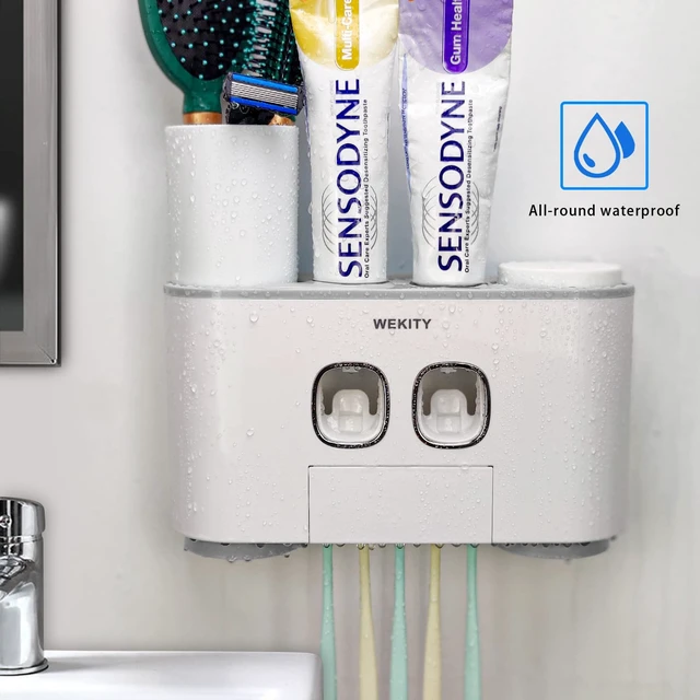 Alt view image 2 of 7 - Toothbrush Holder WREWING Multi-Function Wall-Mounted Toothpaste Dispenser | Dust-proof Toothbrush Holder with 5 Brush Slots 4 Cups 2 Automatic Toothpaste Dispensers 1 Storage Slot (Grey)