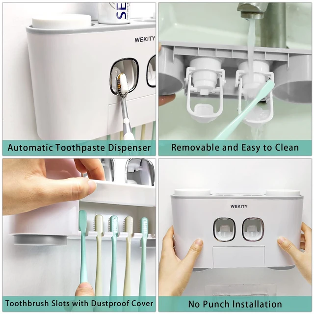 Alt view image 6 of 7 - Toothbrush Holder WREWING Multi-Function Wall-Mounted Toothpaste Dispenser | Dust-proof Toothbrush Holder with 5 Brush Slots 4 Cups 2 Automatic Toothpaste Dispensers 1 Storage Slot (Grey)