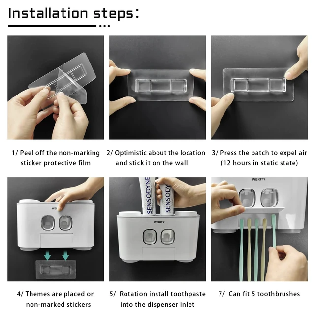 Alt view image 7 of 7 - Toothbrush Holder WREWING Multi-Function Wall-Mounted Toothpaste Dispenser | Dust-proof Toothbrush Holder with 5 Brush Slots 4 Cups 2 Automatic Toothpaste Dispensers 1 Storage Slot (Grey)