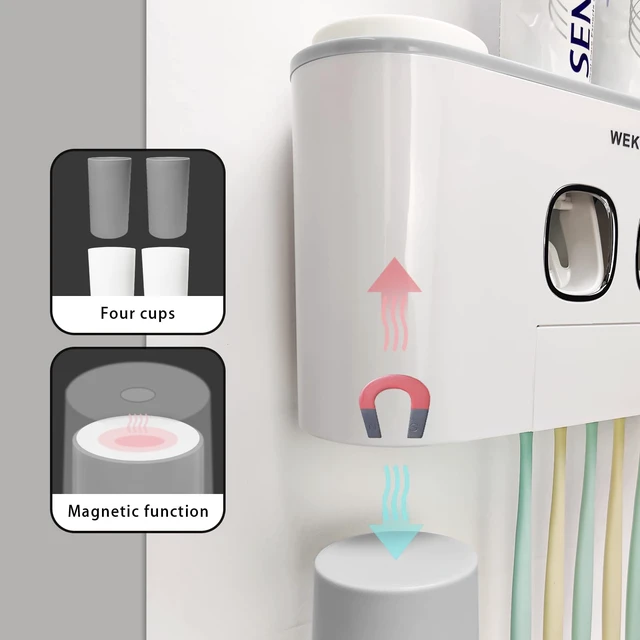 Alt view image 3 of 7 - Toothbrush Holder WREWING Multi-Function Wall-Mounted Toothpaste Dispenser | Dust-proof Toothbrush Holder with 5 Brush Slots 4 Cups 2 Automatic Toothpaste Dispensers 1 Storage Slot (Grey)