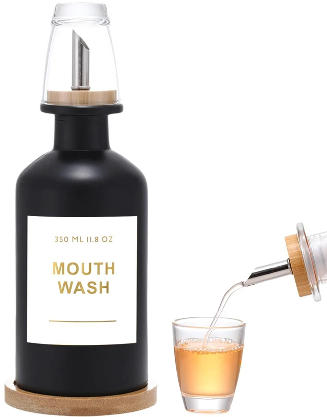 Main image of 11.8OZ Glass Mouthwash Dispenser for Bathroom, Black | Stainless Steel & Bamboo Nozzle, Mouthwash Cup Reusable, Bamboo Tray, Elegant Gold Sticker