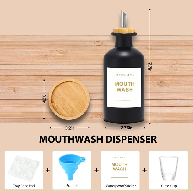 Alt view image 3 of 7 - 11.8OZ Glass Mouthwash Dispenser for Bathroom, Black | Stainless Steel & Bamboo Nozzle, Mouthwash Cup Reusable, Bamboo Tray, Elegant Gold Sticker