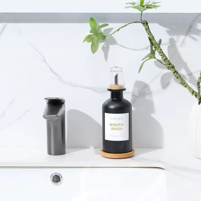 Alt view image 5 of 7 - 11.8OZ Glass Mouthwash Dispenser for Bathroom, Black | Stainless Steel & Bamboo Nozzle, Mouthwash Cup Reusable, Bamboo Tray, Elegant Gold Sticker