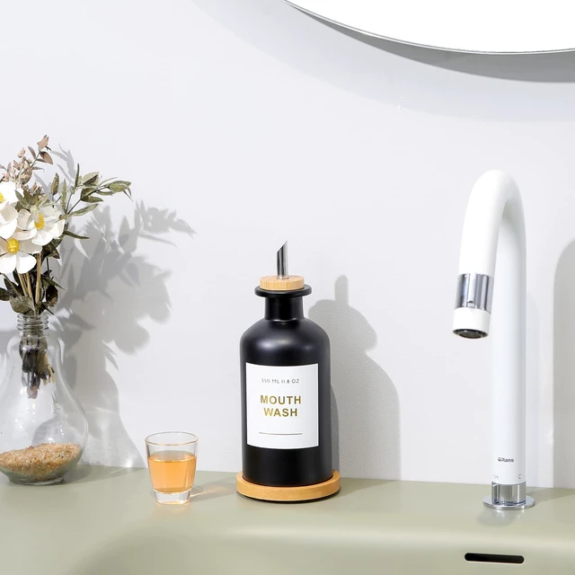 Alt view image 6 of 7 - 11.8OZ Glass Mouthwash Dispenser for Bathroom, Black | Stainless Steel & Bamboo Nozzle, Mouthwash Cup Reusable, Bamboo Tray, Elegant Gold Sticker
