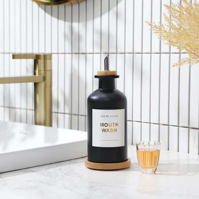 Alt view image 2 of 7 - 11.8OZ Glass Mouthwash Dispenser for Bathroom, Black | Stainless Steel & Bamboo Nozzle, Mouthwash Cup Reusable, Bamboo Tray, Elegant Gold Sticker