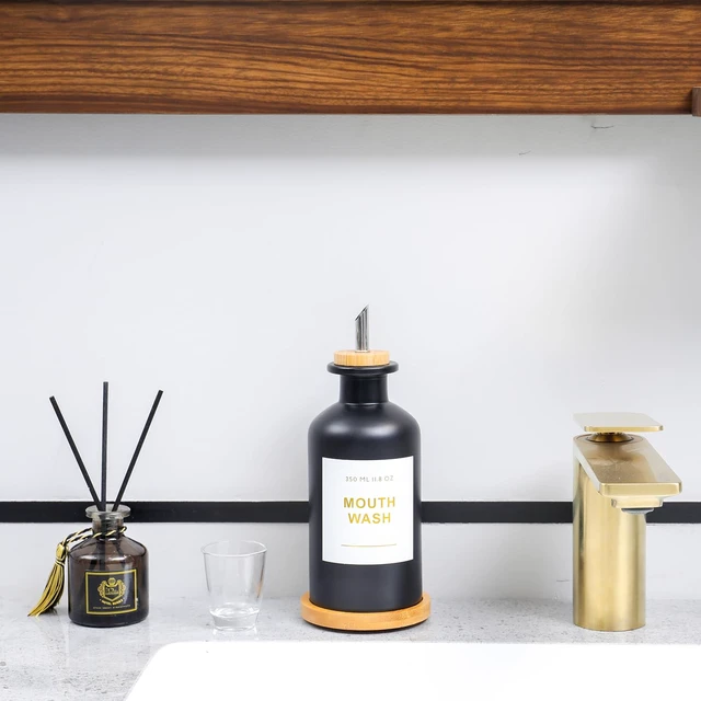 Alt view image 4 of 7 - 11.8OZ Glass Mouthwash Dispenser for Bathroom, Black | Stainless Steel & Bamboo Nozzle, Mouthwash Cup Reusable, Bamboo Tray, Elegant Gold Sticker