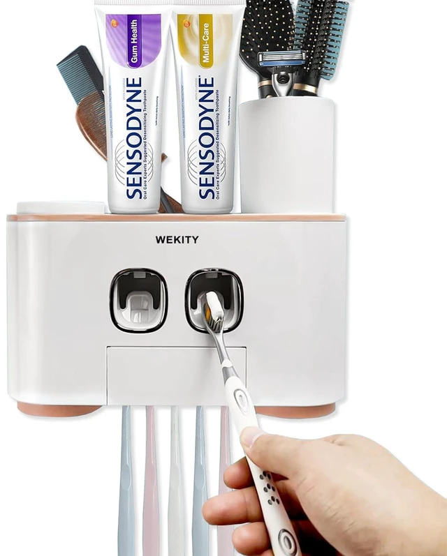 Main image of Toothbrush Holder Wall Mounted, WEKITY Multi-Functional Toothbrush and Toothpaste Dispenser for Bathroom, with 5 Toothbrush Slots, 2 Toothpaste Squeezers and 4 Cups(Pink)