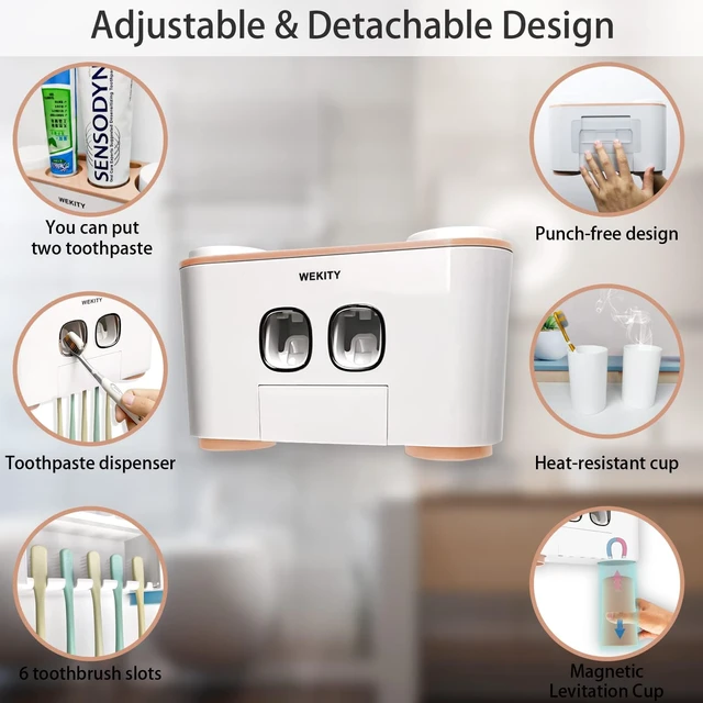 Alt view image 2 of 7 - Toothbrush Holder Wall Mounted, WEKITY Multi-Functional Toothbrush and Toothpaste Dispenser for Bathroom, with 5 Toothbrush Slots, 2 Toothpaste Squeezers and 4 Cups(Pink)