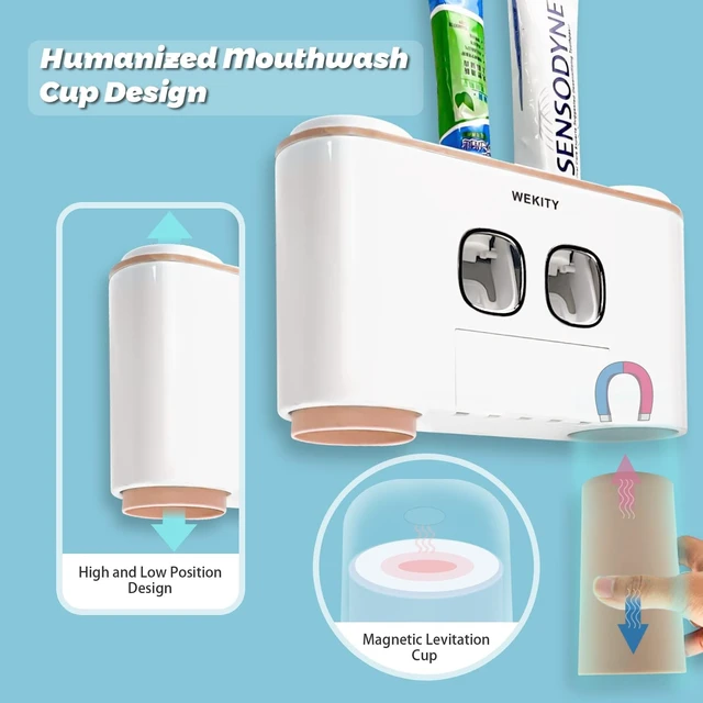 Alt view image 4 of 7 - Toothbrush Holder Wall Mounted, WEKITY Multi-Functional Toothbrush and Toothpaste Dispenser for Bathroom, with 5 Toothbrush Slots, 2 Toothpaste Squeezers and 4 Cups(Pink)