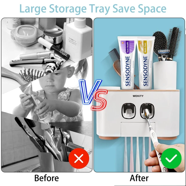 Alt view image 3 of 7 - Toothbrush Holder Wall Mounted, WEKITY Multi-Functional Toothbrush and Toothpaste Dispenser for Bathroom, with 5 Toothbrush Slots, 2 Toothpaste Squeezers and 4 Cups(Pink)
