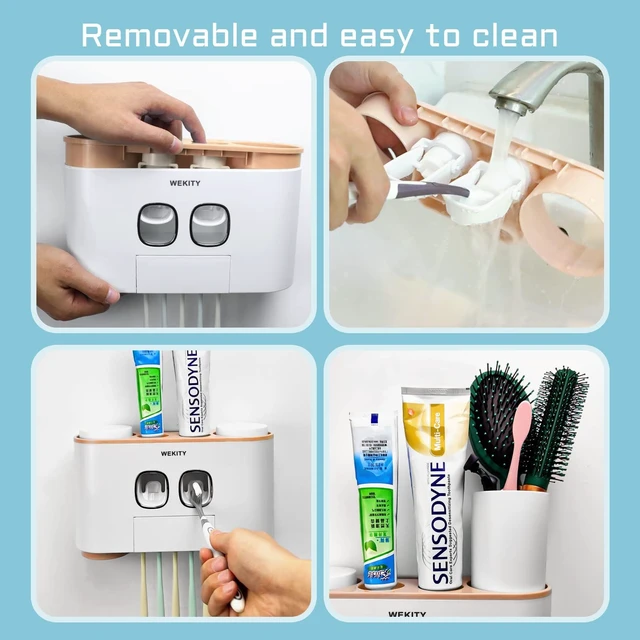 Alt view image 5 of 7 - Toothbrush Holder Wall Mounted, WEKITY Multi-Functional Toothbrush and Toothpaste Dispenser for Bathroom, with 5 Toothbrush Slots, 2 Toothpaste Squeezers and 4 Cups(Pink)