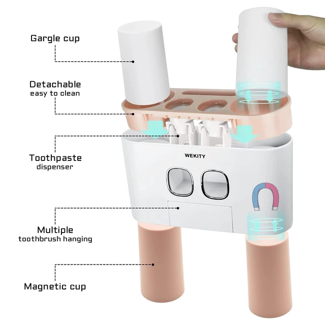Alt view image 6 of 7 - Toothbrush Holder Wall Mounted, WEKITY Multi-Functional Toothbrush and Toothpaste Dispenser for Bathroom, with 5 Toothbrush Slots, 2 Toothpaste Squeezers and 4 Cups(Pink)