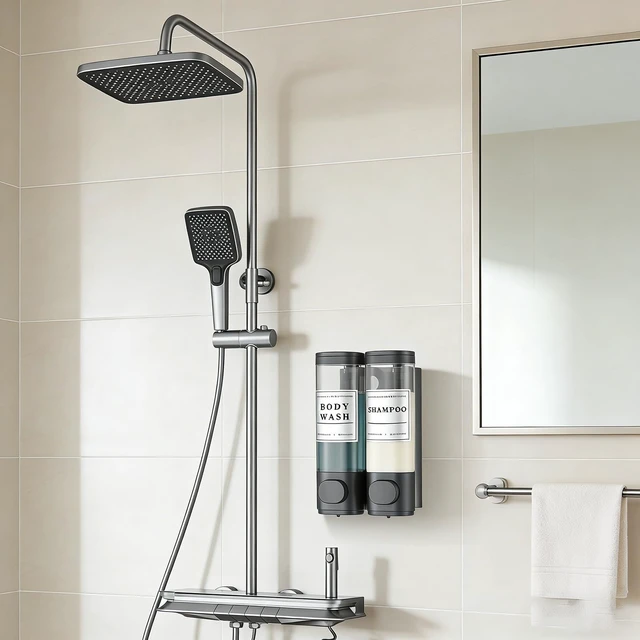 Alt view image 2 of 7 - Shampoo and Conditioner Dispenser Bathroom Shower Soap Dispenser Wall Mounted Shampoo Dispenser for Shower Wall No Drill 2 * 350ml Black 2 Chamber with Waterproof Labels