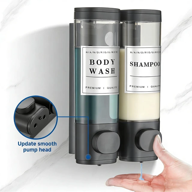 Alt view image 4 of 7 - Shampoo and Conditioner Dispenser Bathroom Shower Soap Dispenser Wall Mounted Shampoo Dispenser for Shower Wall No Drill 2 * 350ml Black 2 Chamber with Waterproof Labels
