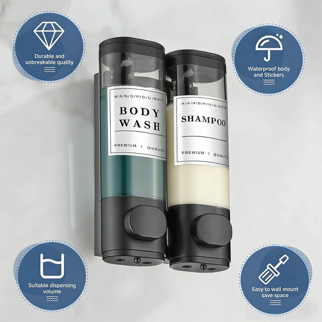 Alt view image 5 of 7 - Shampoo and Conditioner Dispenser Bathroom Shower Soap Dispenser Wall Mounted Shampoo Dispenser for Shower Wall No Drill 2 * 350ml Black 2 Chamber with Waterproof Labels