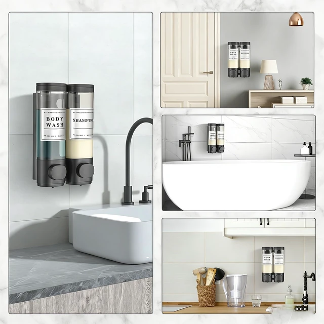 Alt view image 6 of 7 - Shampoo and Conditioner Dispenser Bathroom Shower Soap Dispenser Wall Mounted Shampoo Dispenser for Shower Wall No Drill 2 * 350ml Black 2 Chamber with Waterproof Labels