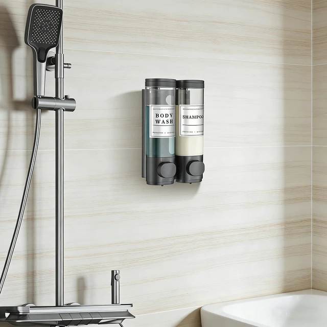 Alt view image 7 of 7 - Shampoo and Conditioner Dispenser Bathroom Shower Soap Dispenser Wall Mounted Shampoo Dispenser for Shower Wall No Drill 2 * 350ml Black 2 Chamber with Waterproof Labels