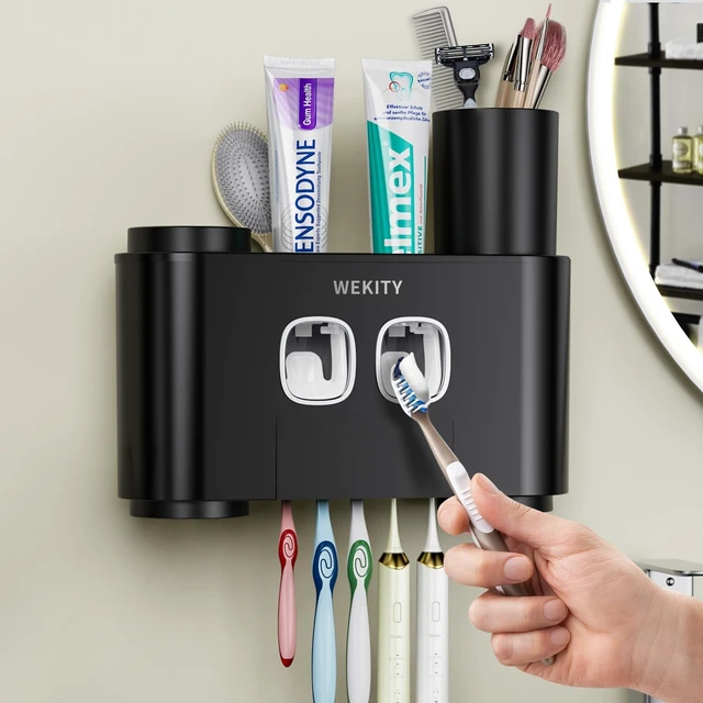 Main image of Toothbrush Holder Multi-Function Wall-Mounted, Automatic Toothpaste Dispenser & Dust-Proof Toothbrush Holder with 5 Brush Slots 4 Cups 2 Automatic Toothpaste Dispensers 1 Storage Slot (Black)