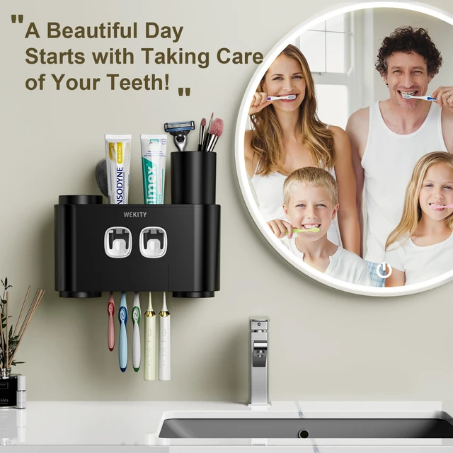 Alt view image 2 of 7 - Toothbrush Holder Multi-Function Wall-Mounted, Automatic Toothpaste Dispenser & Dust-Proof Toothbrush Holder with 5 Brush Slots 4 Cups 2 Automatic Toothpaste Dispensers 1 Storage Slot (Black)