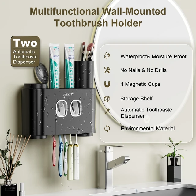 Alt view image 3 of 7 - Toothbrush Holder Multi-Function Wall-Mounted, Automatic Toothpaste Dispenser & Dust-Proof Toothbrush Holder with 5 Brush Slots 4 Cups 2 Automatic Toothpaste Dispensers 1 Storage Slot (Black)