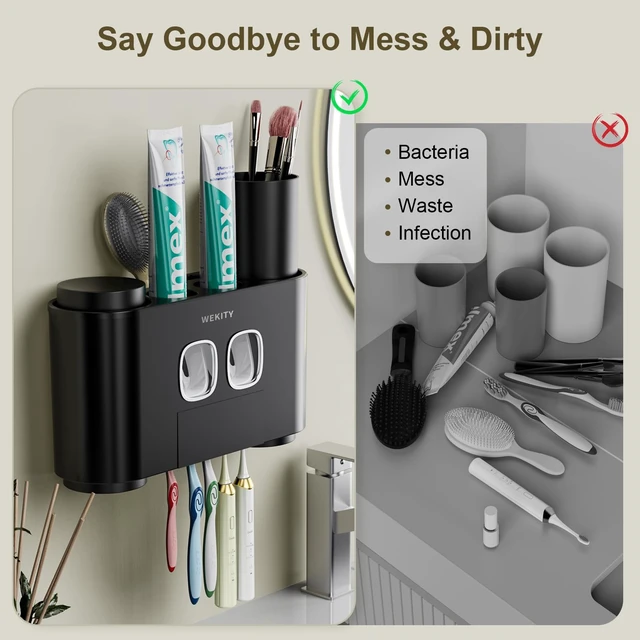 Alt view image 4 of 7 - Toothbrush Holder Multi-Function Wall-Mounted, Automatic Toothpaste Dispenser & Dust-Proof Toothbrush Holder with 5 Brush Slots 4 Cups 2 Automatic Toothpaste Dispensers 1 Storage Slot (Black)