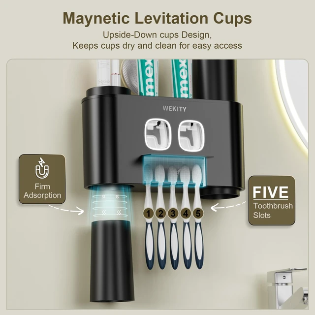 Alt view image 5 of 7 - Toothbrush Holder Multi-Function Wall-Mounted, Automatic Toothpaste Dispenser & Dust-Proof Toothbrush Holder with 5 Brush Slots 4 Cups 2 Automatic Toothpaste Dispensers 1 Storage Slot (Black)