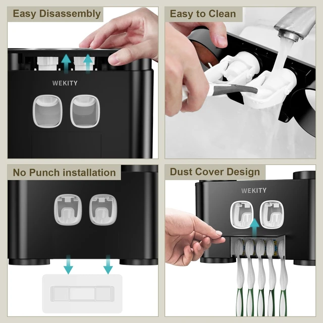 Alt view image 6 of 7 - Toothbrush Holder Multi-Function Wall-Mounted, Automatic Toothpaste Dispenser & Dust-Proof Toothbrush Holder with 5 Brush Slots 4 Cups 2 Automatic Toothpaste Dispensers 1 Storage Slot (Black)