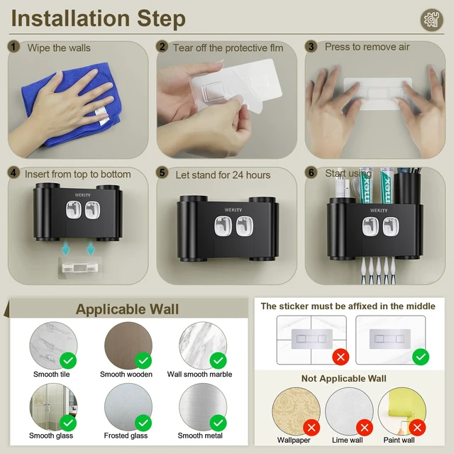 Alt view image 7 of 7 - Toothbrush Holder Multi-Function Wall-Mounted, Automatic Toothpaste Dispenser & Dust-Proof Toothbrush Holder with 5 Brush Slots 4 Cups 2 Automatic Toothpaste Dispensers 1 Storage Slot (Black)