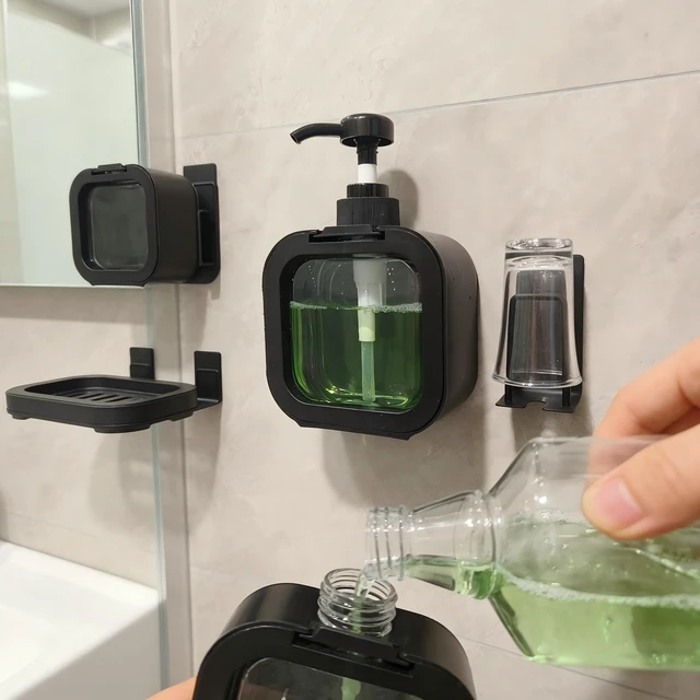 Alt view image 2 of 6 - Mouthwash Dispenser for Bathroom, Wall Mount No Drill Bathroom Organiger, Refillable Plastic Pump Bottle with Reusable Cup, with Cup Holder (Black)
