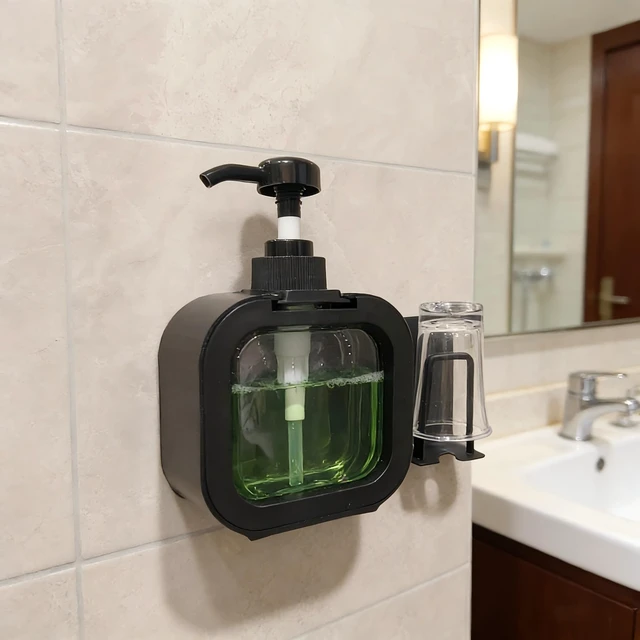 Alt view image 3 of 6 - Mouthwash Dispenser for Bathroom, Wall Mount No Drill Bathroom Organiger, Refillable Plastic Pump Bottle with Reusable Cup, with Cup Holder (Black)