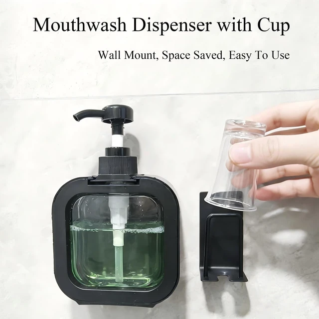 Alt view image 4 of 6 - Mouthwash Dispenser for Bathroom, Wall Mount No Drill Bathroom Organiger, Refillable Plastic Pump Bottle with Reusable Cup, with Cup Holder (Black)