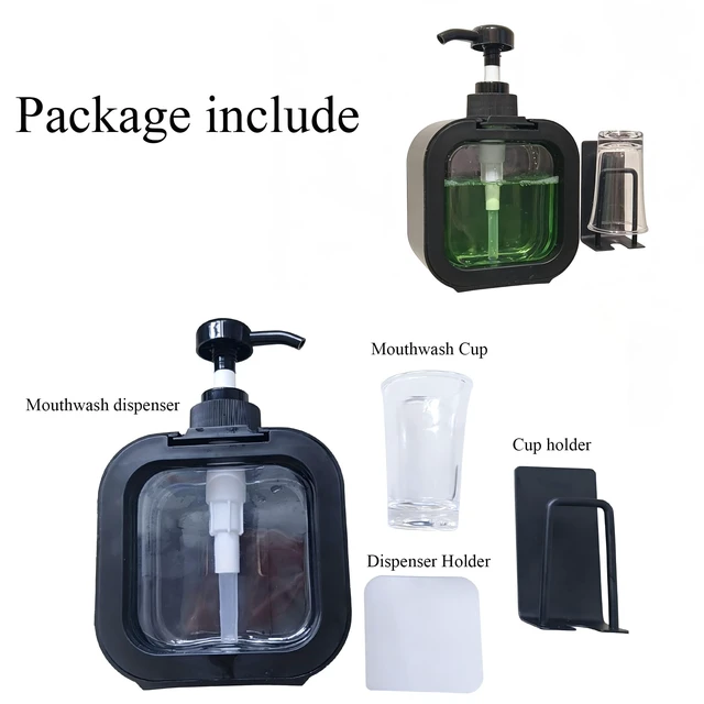 Alt view image 5 of 6 - Mouthwash Dispenser for Bathroom, Wall Mount No Drill Bathroom Organiger, Refillable Plastic Pump Bottle with Reusable Cup, with Cup Holder (Black)