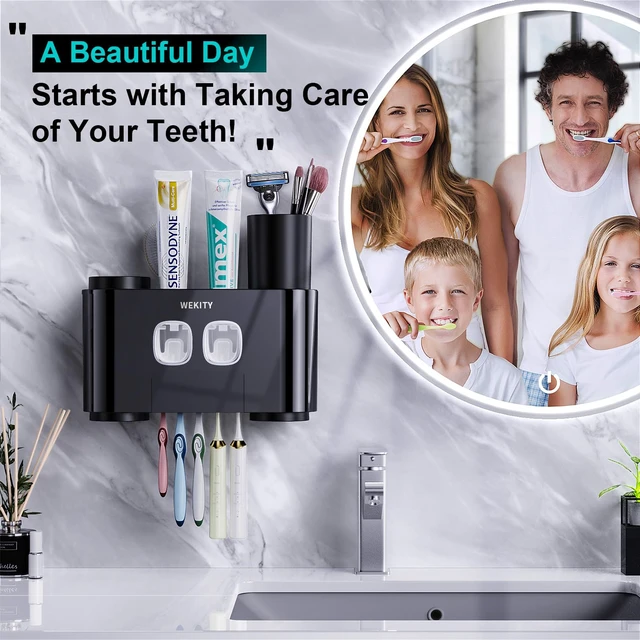 Alt view image 2 of 7 - Toothbrush Holder,Multi-Functional Wall Mounted Toothbrush Holder,Toothpaste Dispenser for Bathroom with 2 Toothpaste Squeezers,5 Toothbrush Slots and 4 Cups(Black)