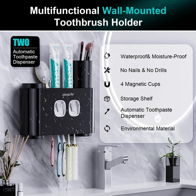 Alt view image 3 of 7 - Toothbrush Holder,Multi-Functional Wall Mounted Toothbrush Holder,Toothpaste Dispenser for Bathroom with 2 Toothpaste Squeezers,5 Toothbrush Slots and 4 Cups(Black)