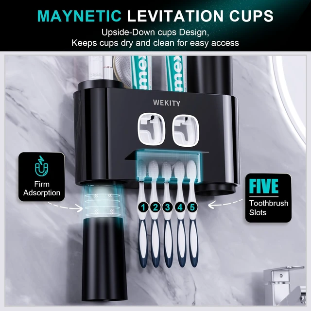 Alt view image 5 of 7 - Toothbrush Holder,Multi-Functional Wall Mounted Toothbrush Holder,Toothpaste Dispenser for Bathroom with 2 Toothpaste Squeezers,5 Toothbrush Slots and 4 Cups(Black)