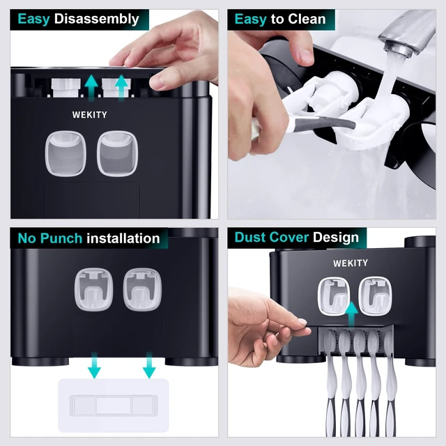 Alt view image 6 of 7 - Toothbrush Holder,Multi-Functional Wall Mounted Toothbrush Holder,Toothpaste Dispenser for Bathroom with 2 Toothpaste Squeezers,5 Toothbrush Slots and 4 Cups(Black)