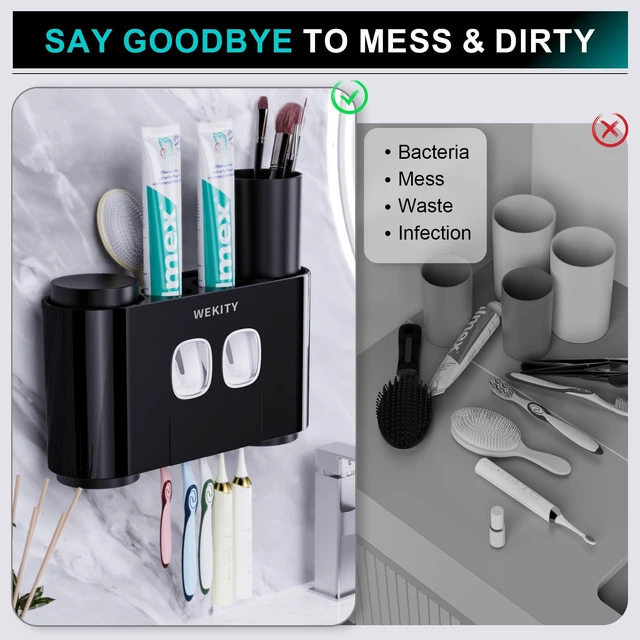 Alt view image 4 of 7 - Toothbrush Holder,Multi-Functional Wall Mounted Toothbrush Holder,Toothpaste Dispenser for Bathroom with 2 Toothpaste Squeezers,5 Toothbrush Slots and 4 Cups(Black)