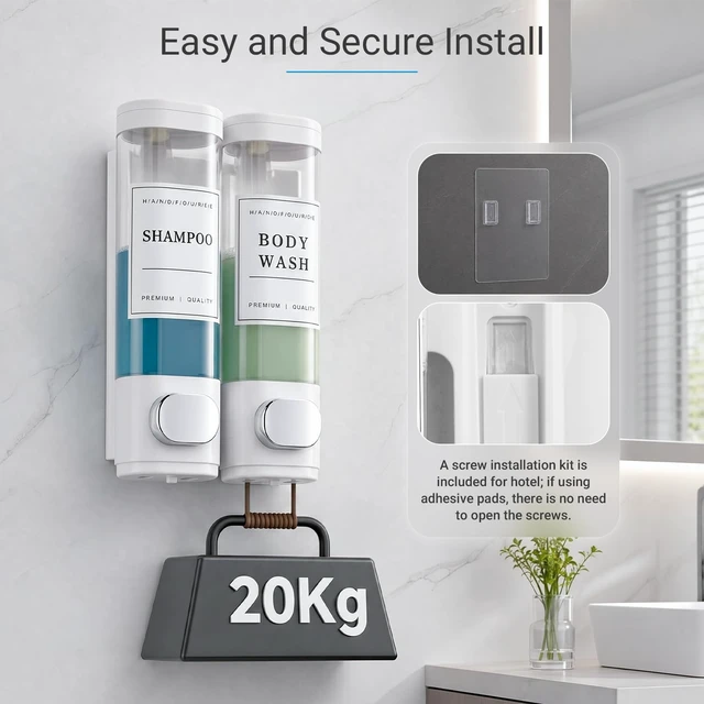 Alt view image 2 of 7 - Shampoo and Conditioner Dispenser, Shower Soap Dispenser Wall Mounted, Shampoo Dispenser for Shower Wall No Drill, Bathroom Body Wash Dispenser 2 * 350ml White 2 Chamber